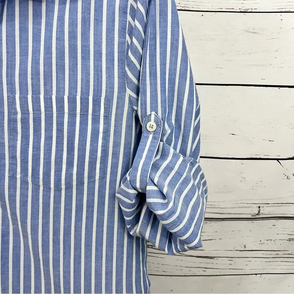 J. Crew Blue and White Striped Button Front Long Sleeve Shirt Size Small
